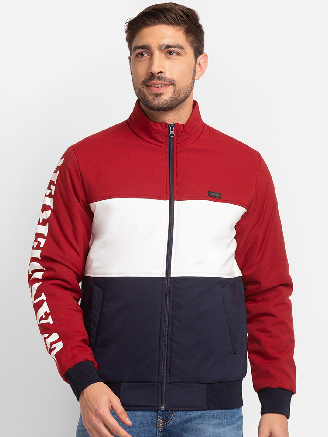 

SPYKAR Men Red legion blue Colourblocked Bomber Jacket