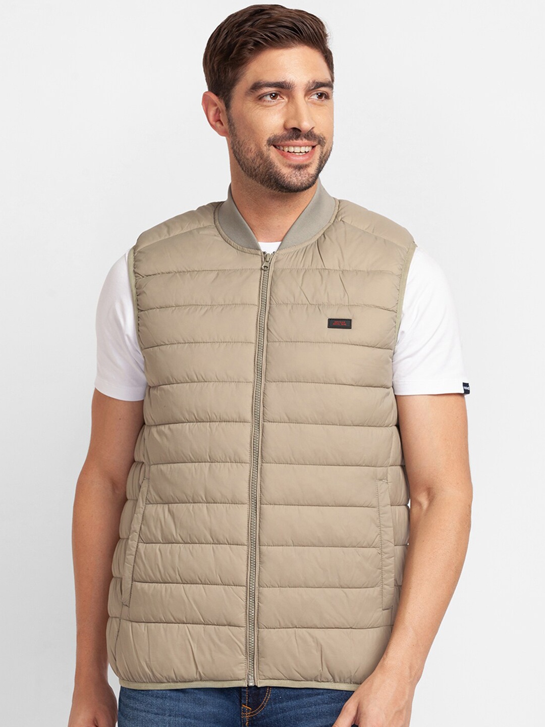 

SPYKAR Men Green Striped Crop Puffer Jacket