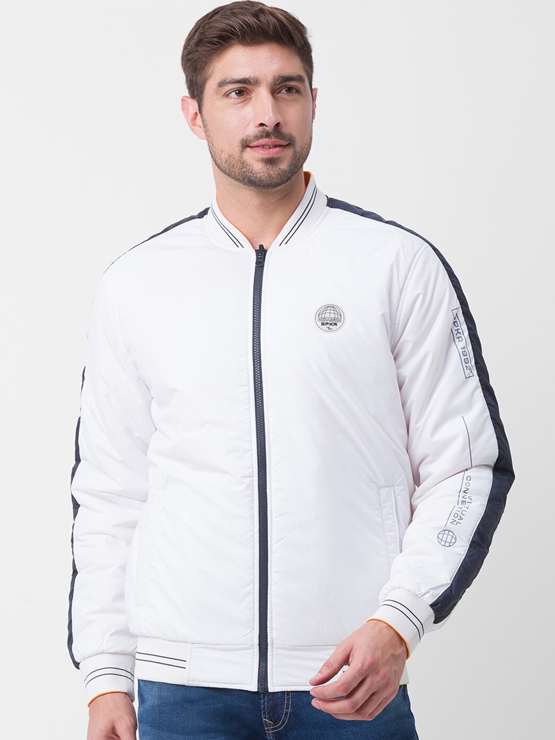 

SPYKAR Men White Striped Reversible Bomber Jacket