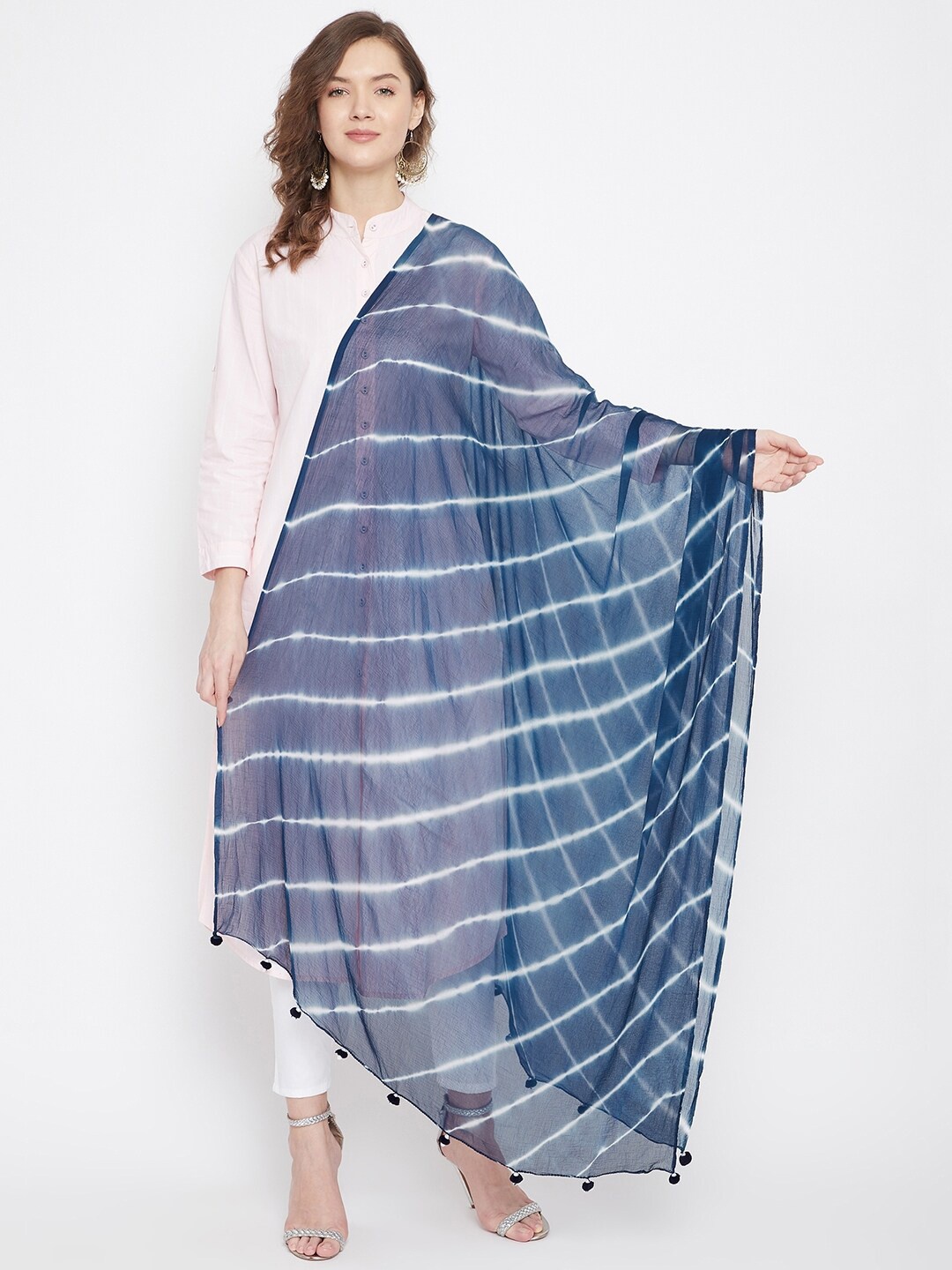 

Clora Creation Navy Blue & White Striped Dupatta