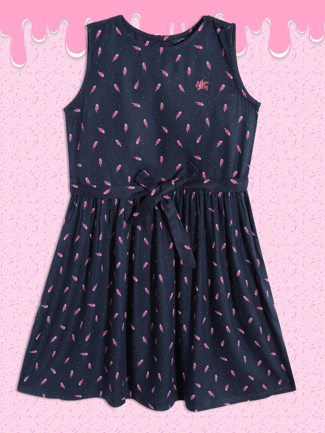 

Allen Solly Junior Girls Navy Blue & Pink Ditsy Conversational Fit & Flare Dress & Belt