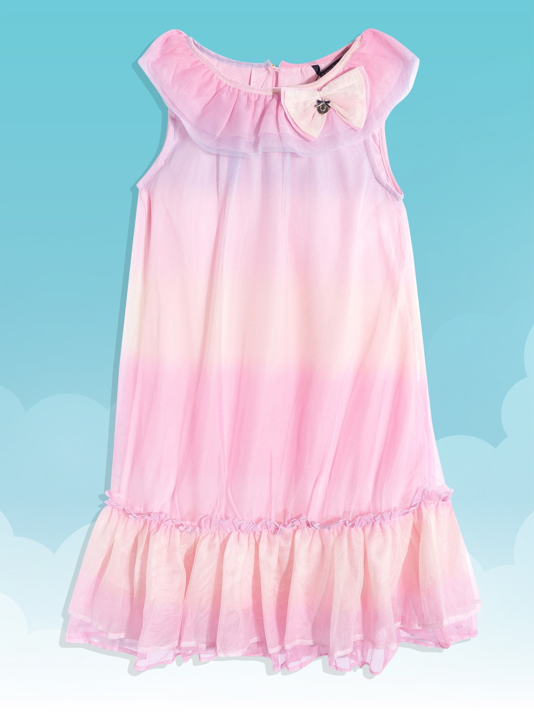 

Allen Solly Junior Girls Pink & Lavender Ombre Dyed Ruffled A-Line Dress with Bow Detail