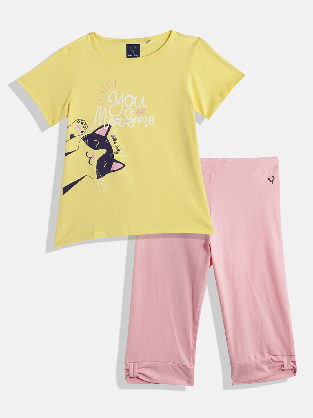 

Allen Solly Junior Girls Typography Printed Pure Cotton T-shirt with Capris, Yellow