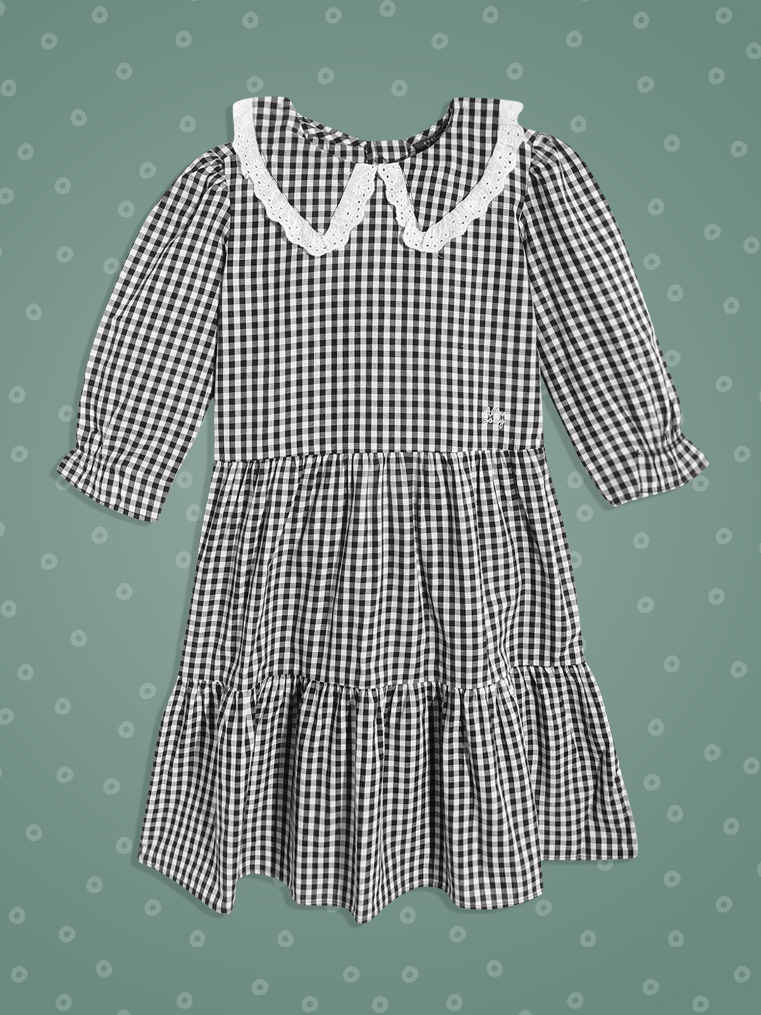 

Allen Solly Junior Girls White & Black Checked Cotton Tiered Fit & Flare Schiffli Dress