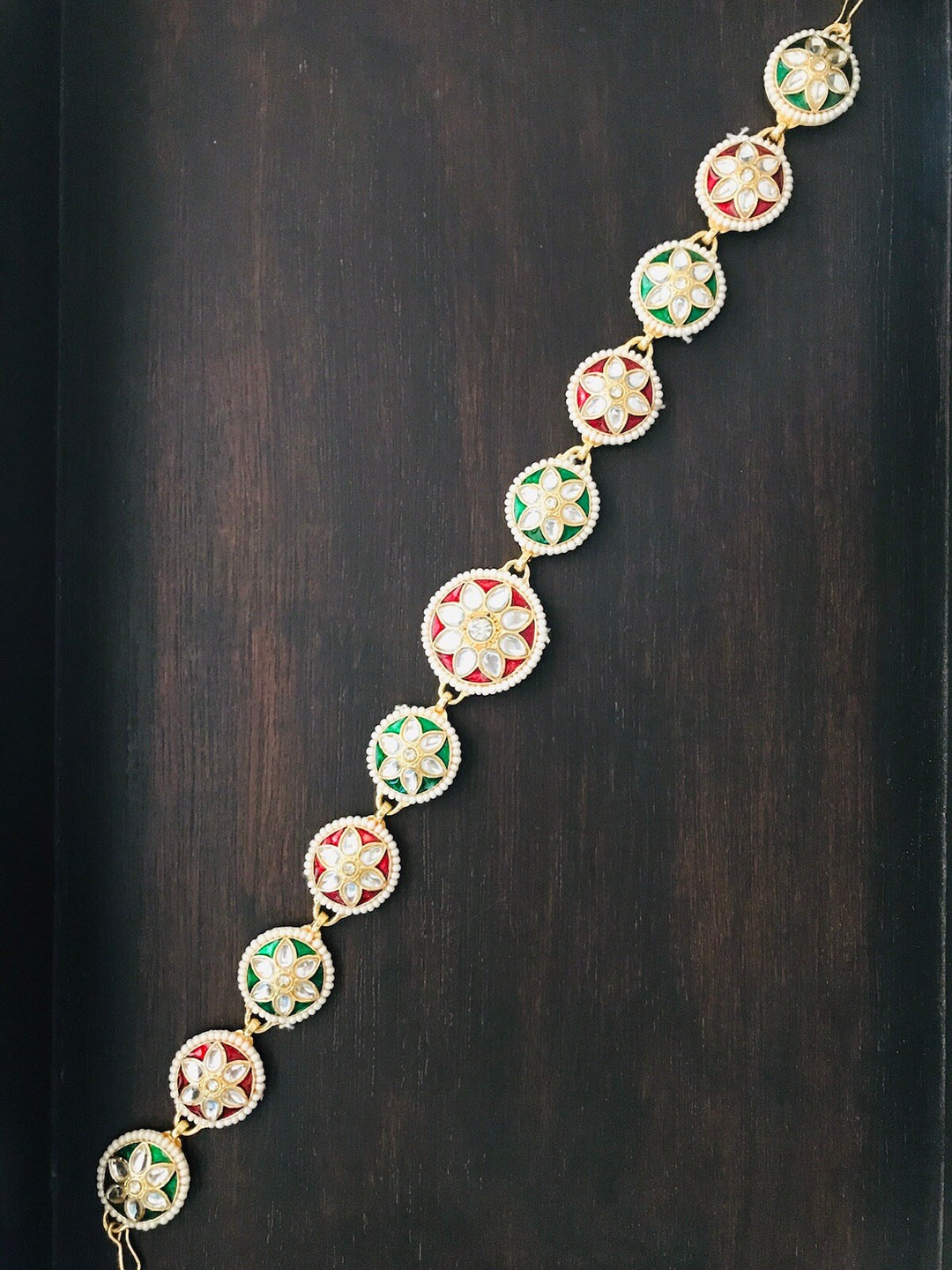 

The Opal Factory Women Gold-Plated Green Stones-Studded & Beaded Minakari Sheeshphool Head Jewellery
