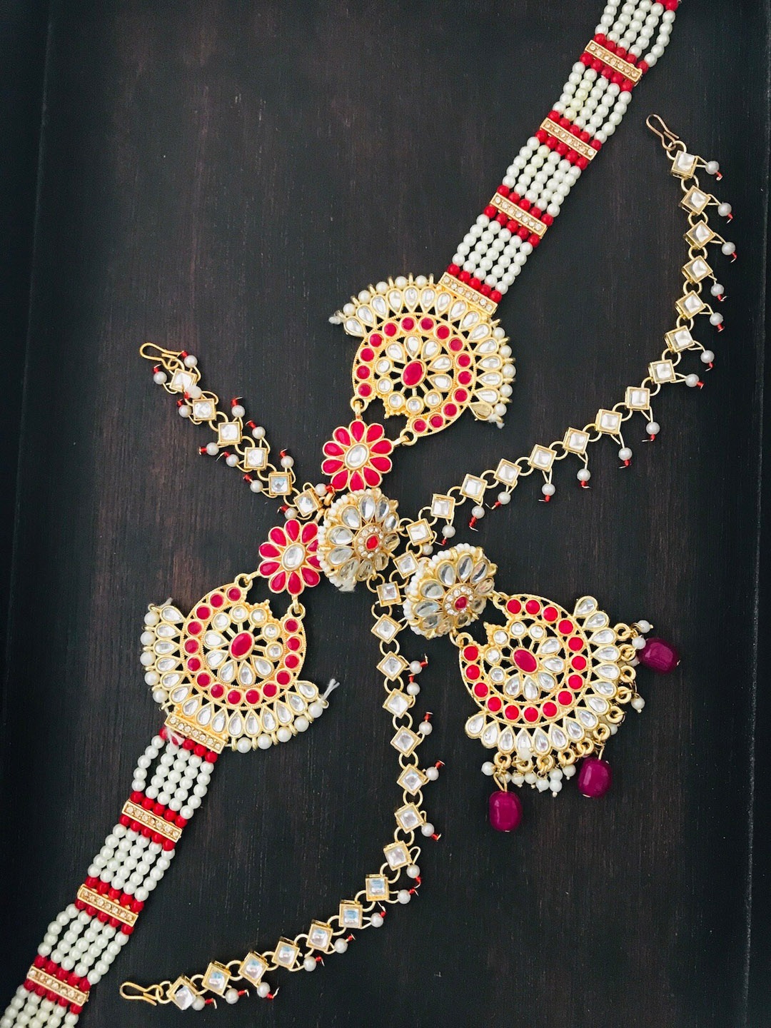 

The Opal Factory Gold-Plated Red & White Stone-Studded Matha Patti With Borla Maang Tikka