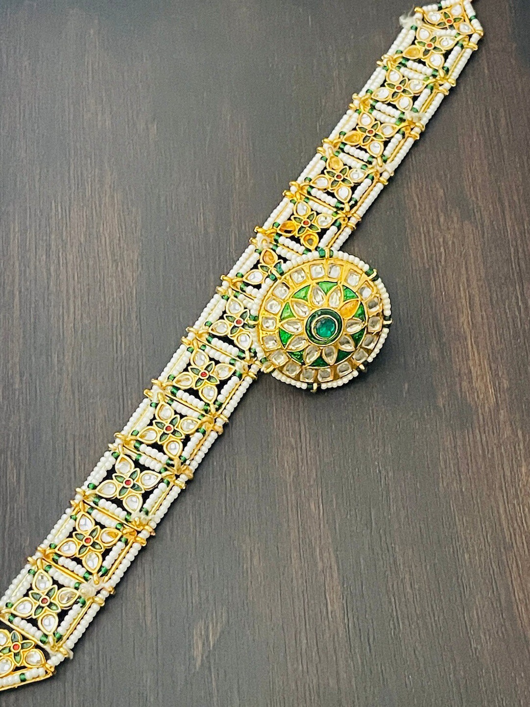 

The Opal Factory Gold-Plated Green & White Stone-Studded Borla Matha Patti