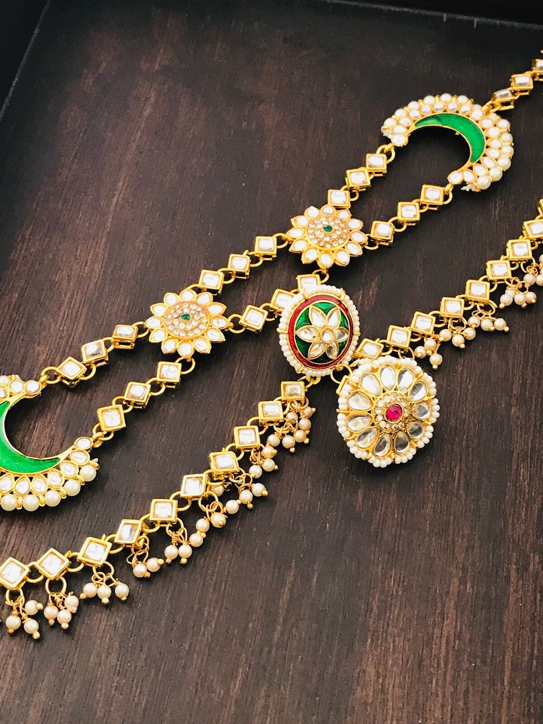 

The Opal Factory Gold-Plated & White Kundan-Studded Charm Bridal Maangtikka With Head Chain