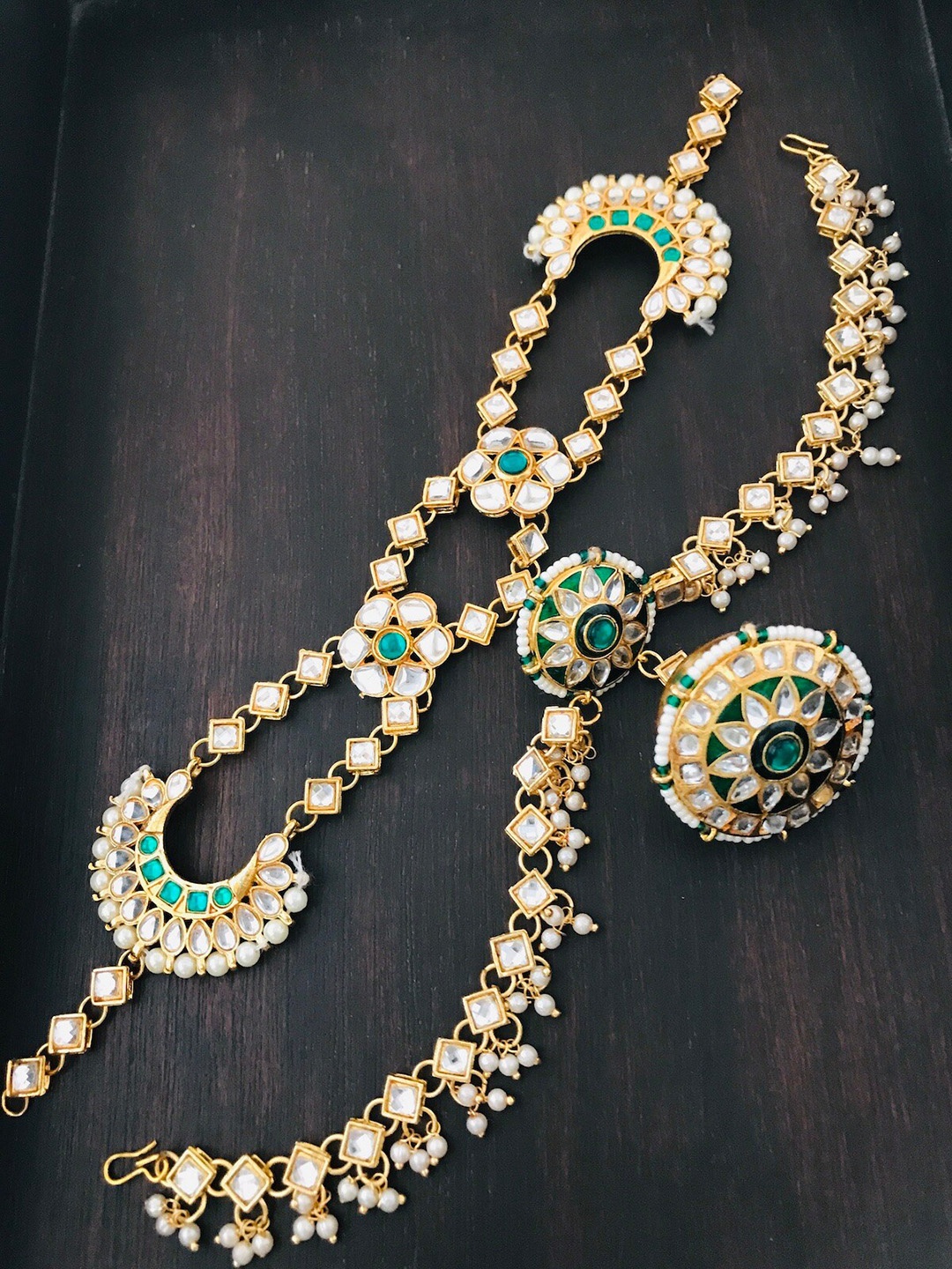 

The Opal Factory Gold Plated Green Dulhan Bridal Sheeshphool Meenakari Matha Patti