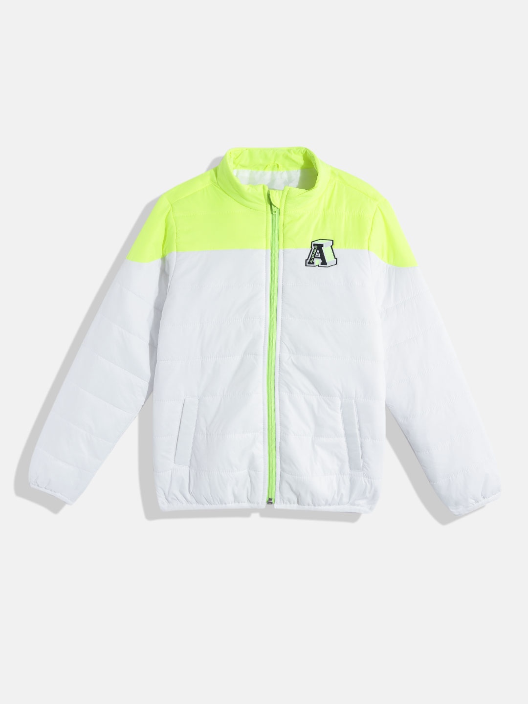 

Allen Solly Junior Boys White & Neon Green Colourblocked Padded Jacket