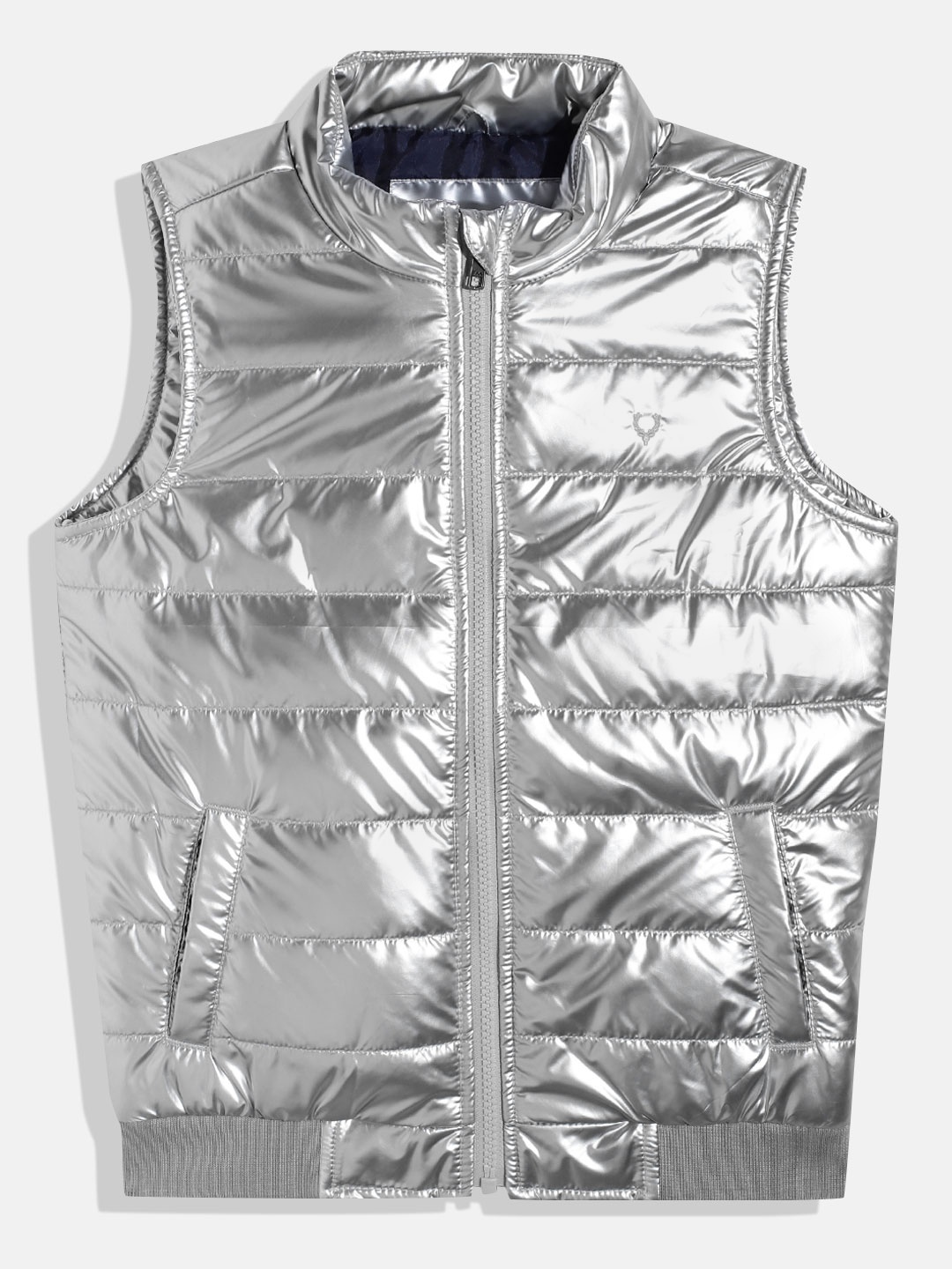 

Allen Solly Junior Boys Silver-Toned Mock Collar Sleeveless Padded Jacket