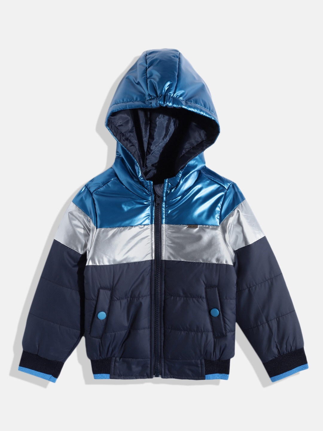 

Allen Solly Junior Boys Blue Silver-Toned Colourblocked Hooded Bomber Jacket