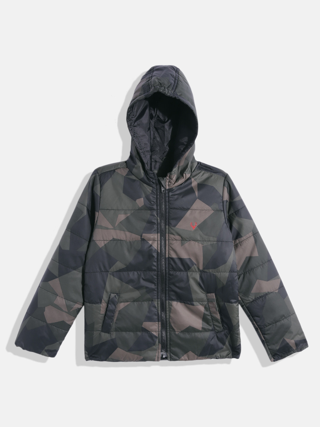 

Allen Solly Junior Boys Green & Navy Blue Camouflage Hooded Padded Jacket