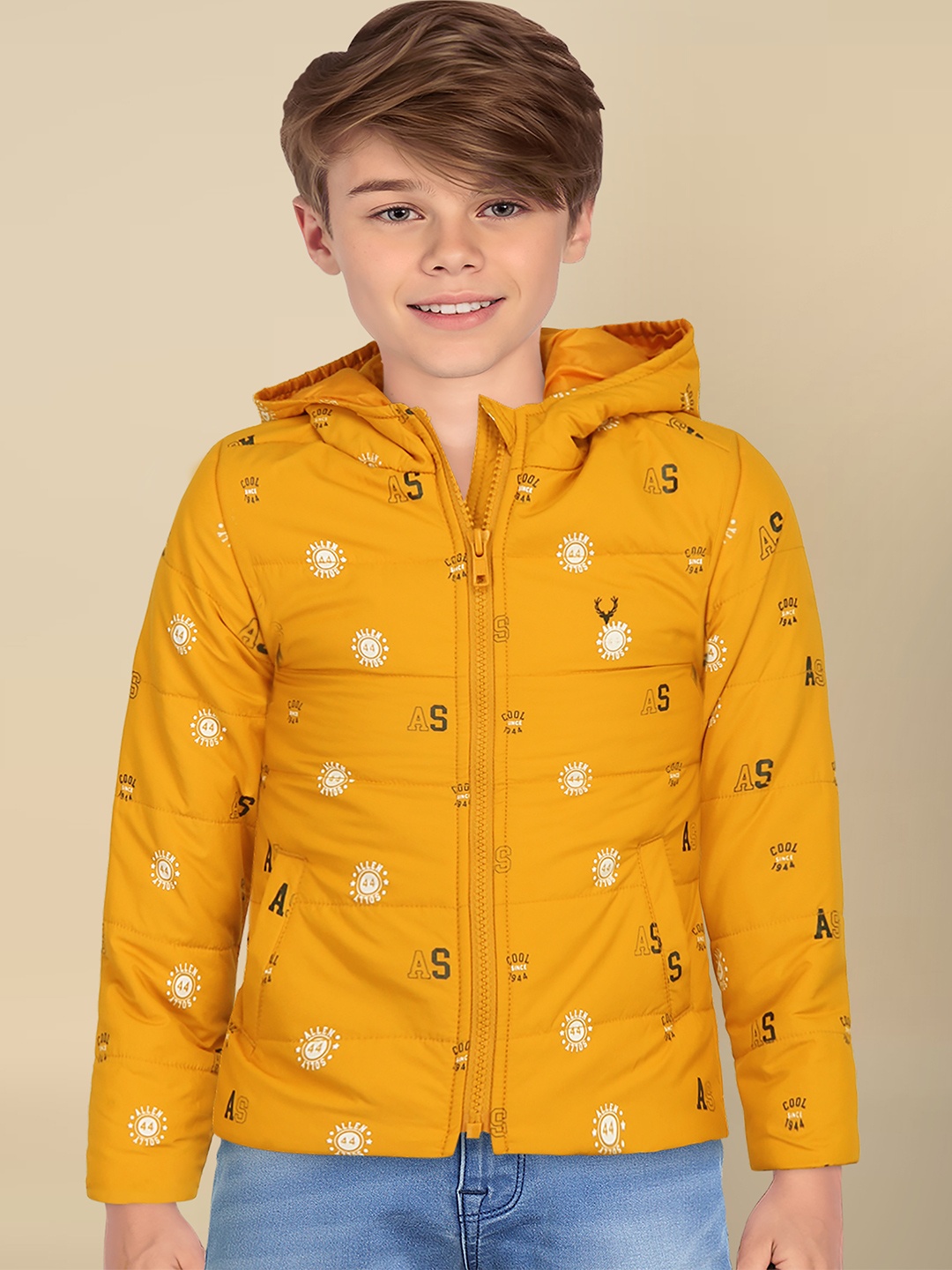 

Allen Solly Junior Boys Yellow & White Brand Logo Printed Hooded Padded Jacket