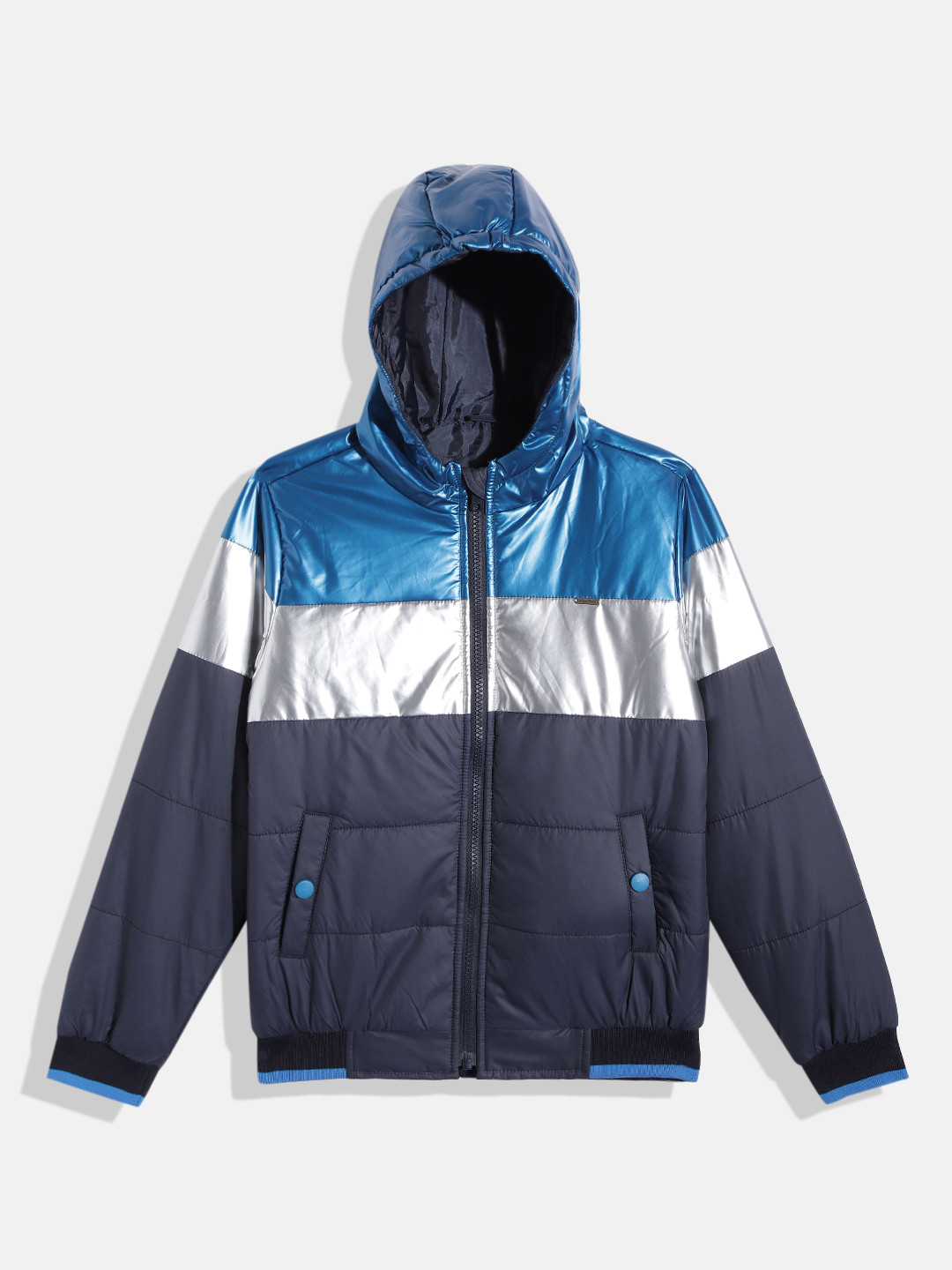 

Allen Solly Junior Boys Blue & Silver-Toned Colourblocked Hooded Padded Jacket