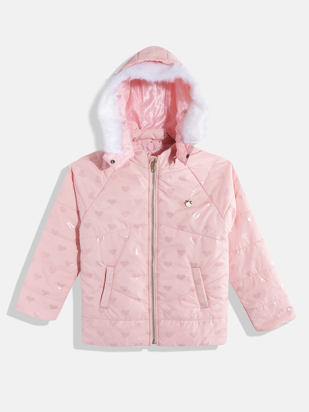 

Allen Solly Junior Girls Peach Printed Hooded Padded Jacket, Navy blue