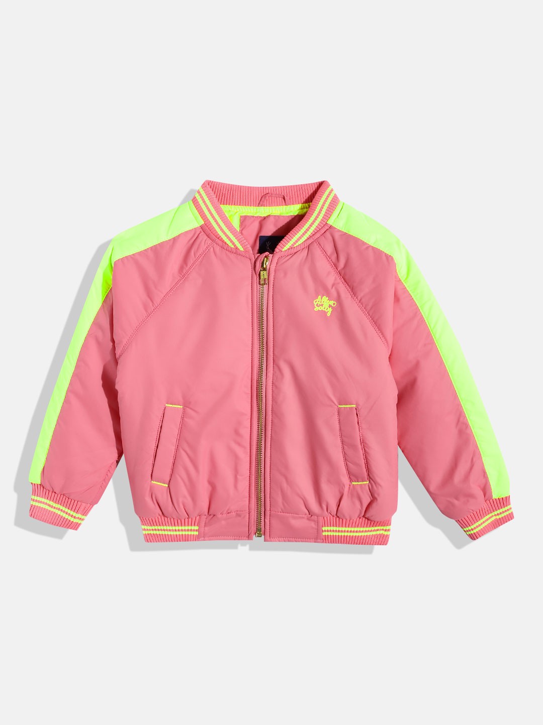 Allen Solly Junior Girls Pink & Fluorescent Green Solid Stand Collar Bomber Jacket