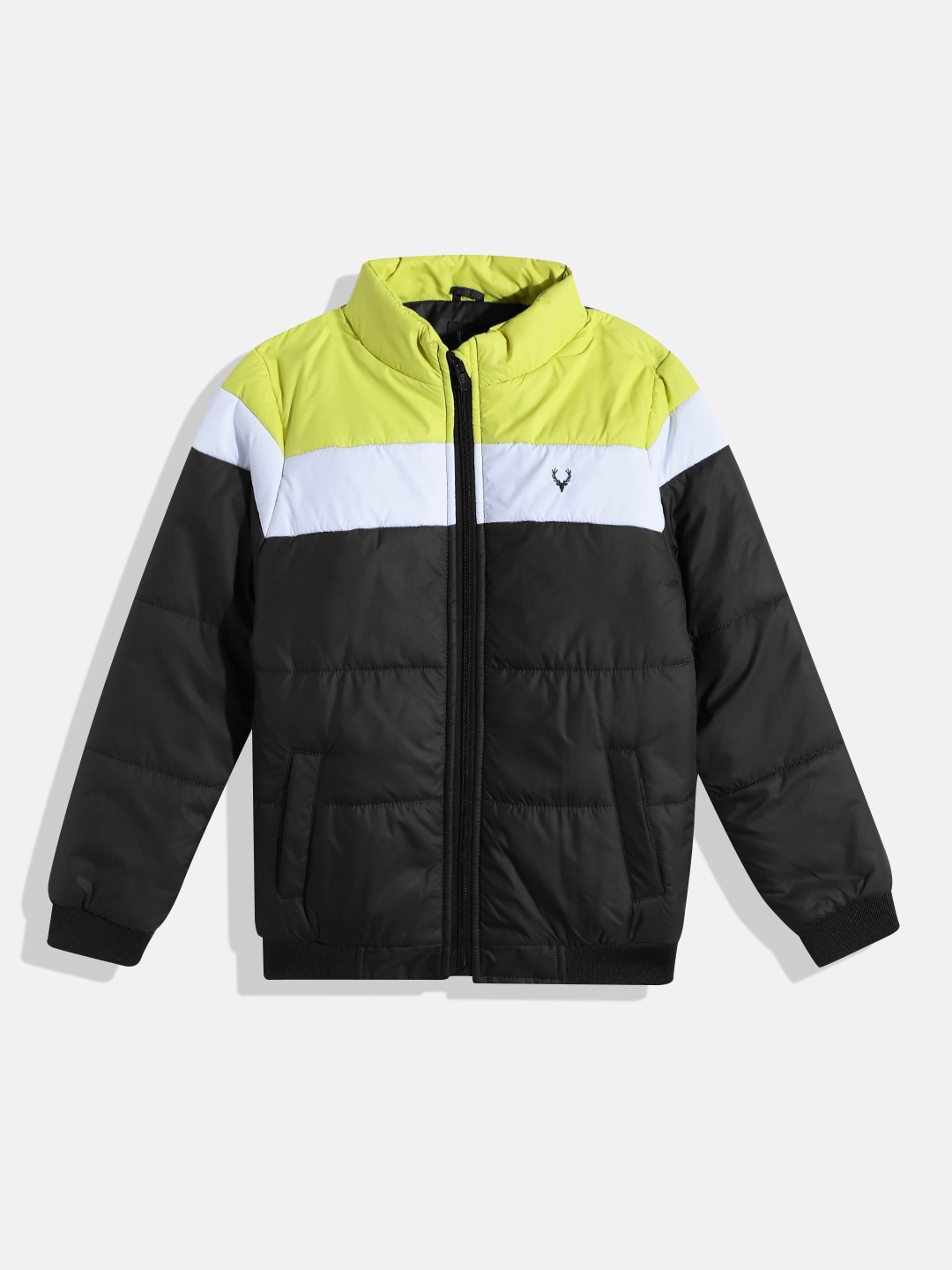 

Allen Solly Junior Boys Black Fluorescent Green & White Colourblocked Bomber Jacket