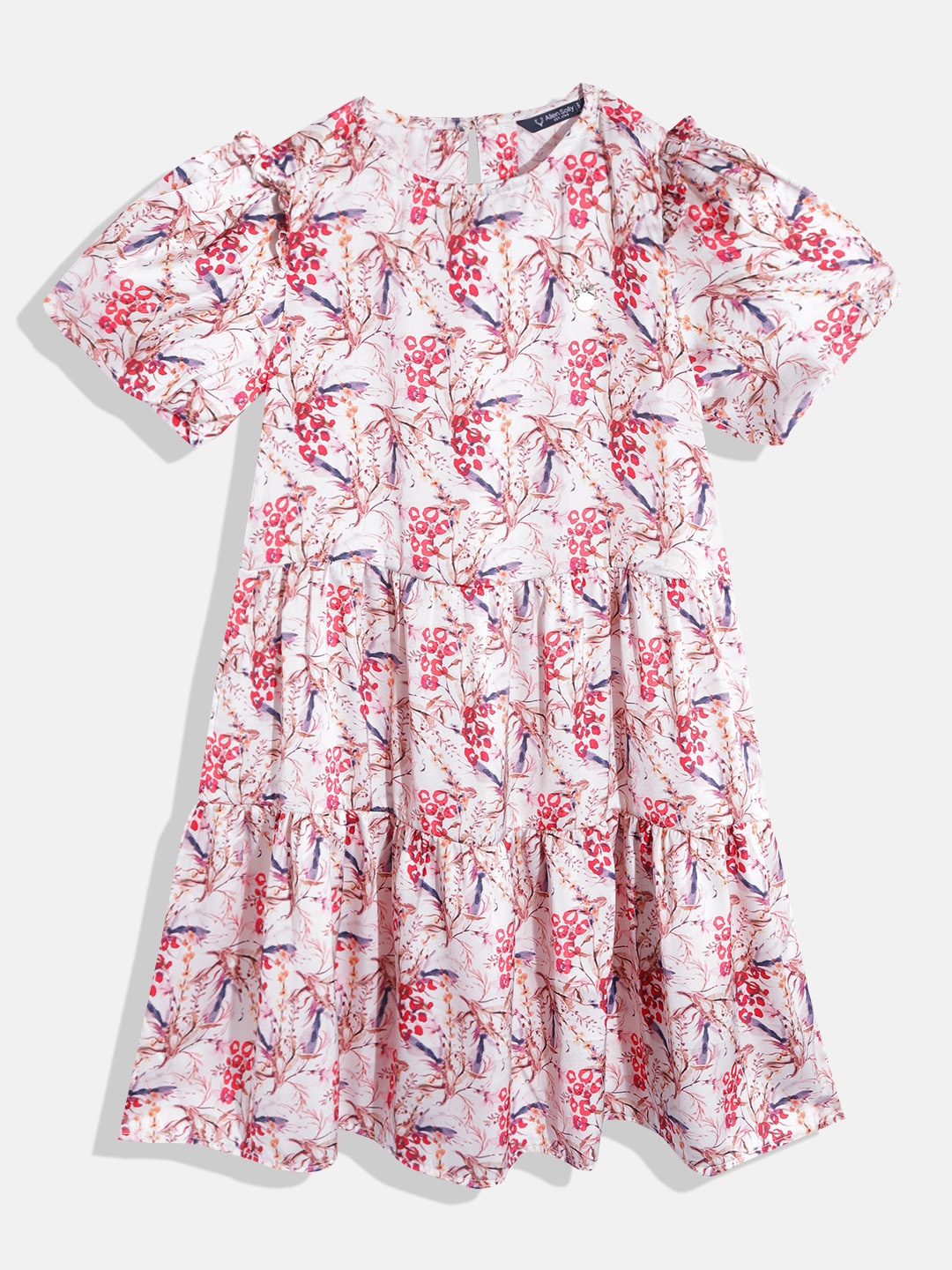 

Allen Solly Junior Girls Off White & Red Floral Satin Finish Tiered Fit & Flare Dress