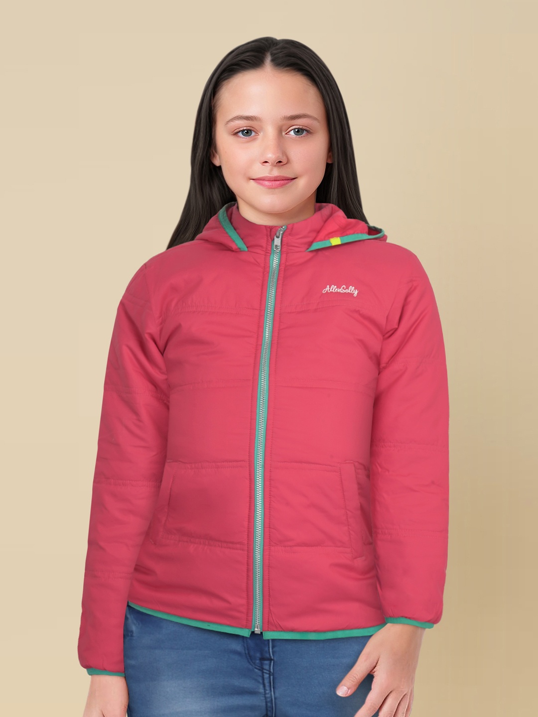 

Allen Solly Junior Girls Turquoise Pink Solid Hooded Padded Jacket