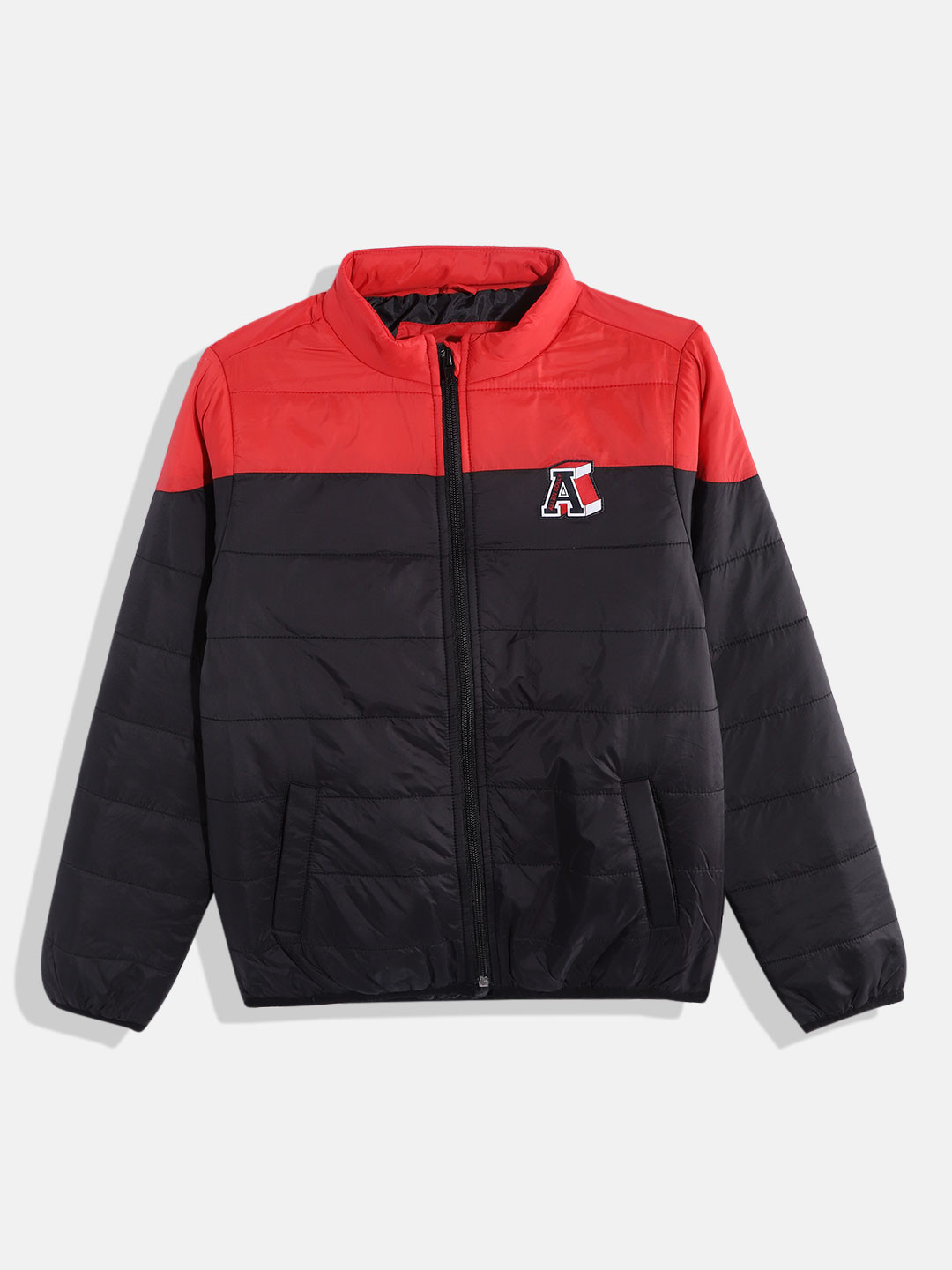 

Allen Solly Junior Boys Black & Red Colourblocked Padded Jacket with Patchwork