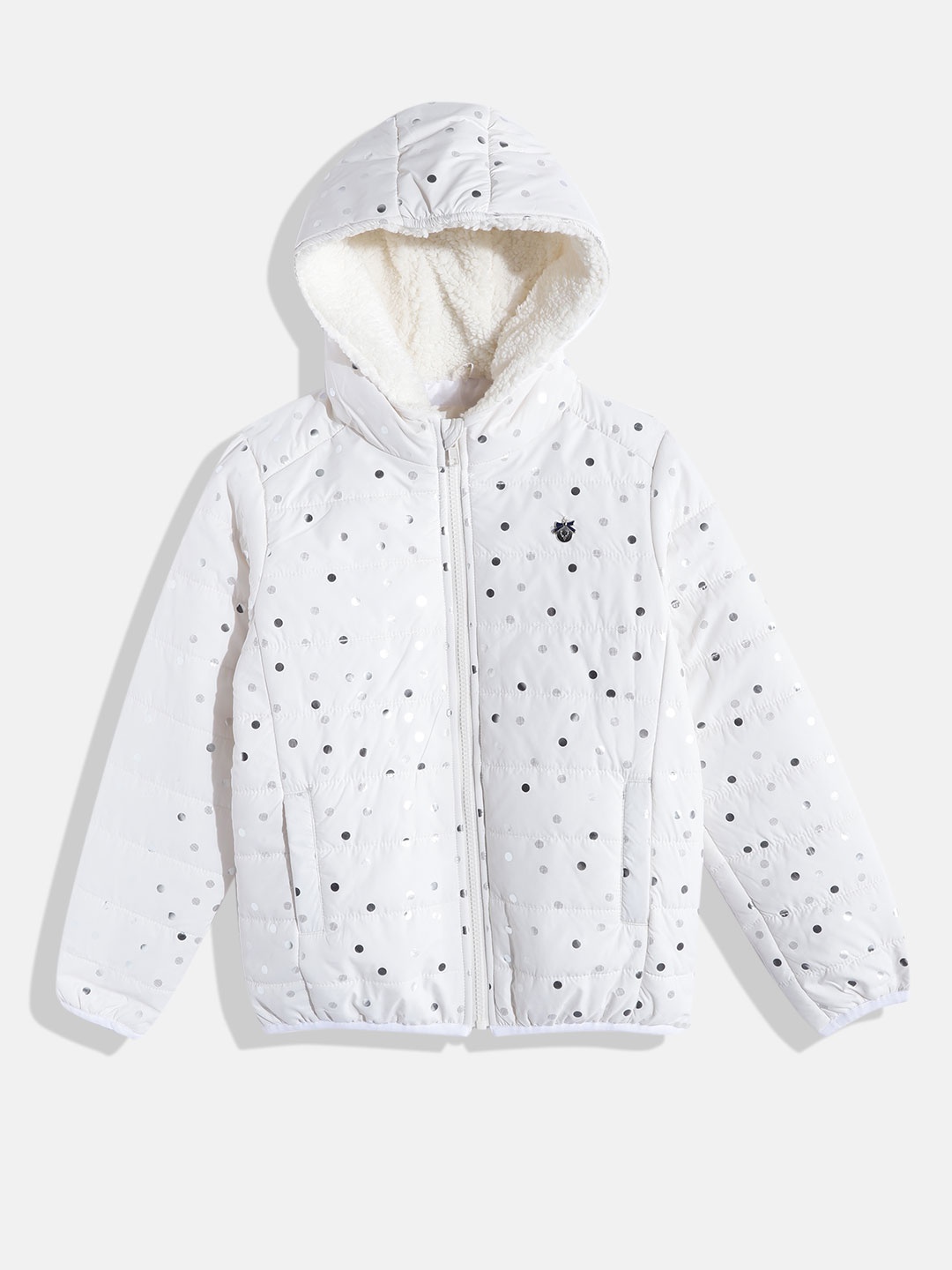 

Allen Solly Junior Girls White & Silver-Toned Polka Dot Print Hooded Padded Jacket