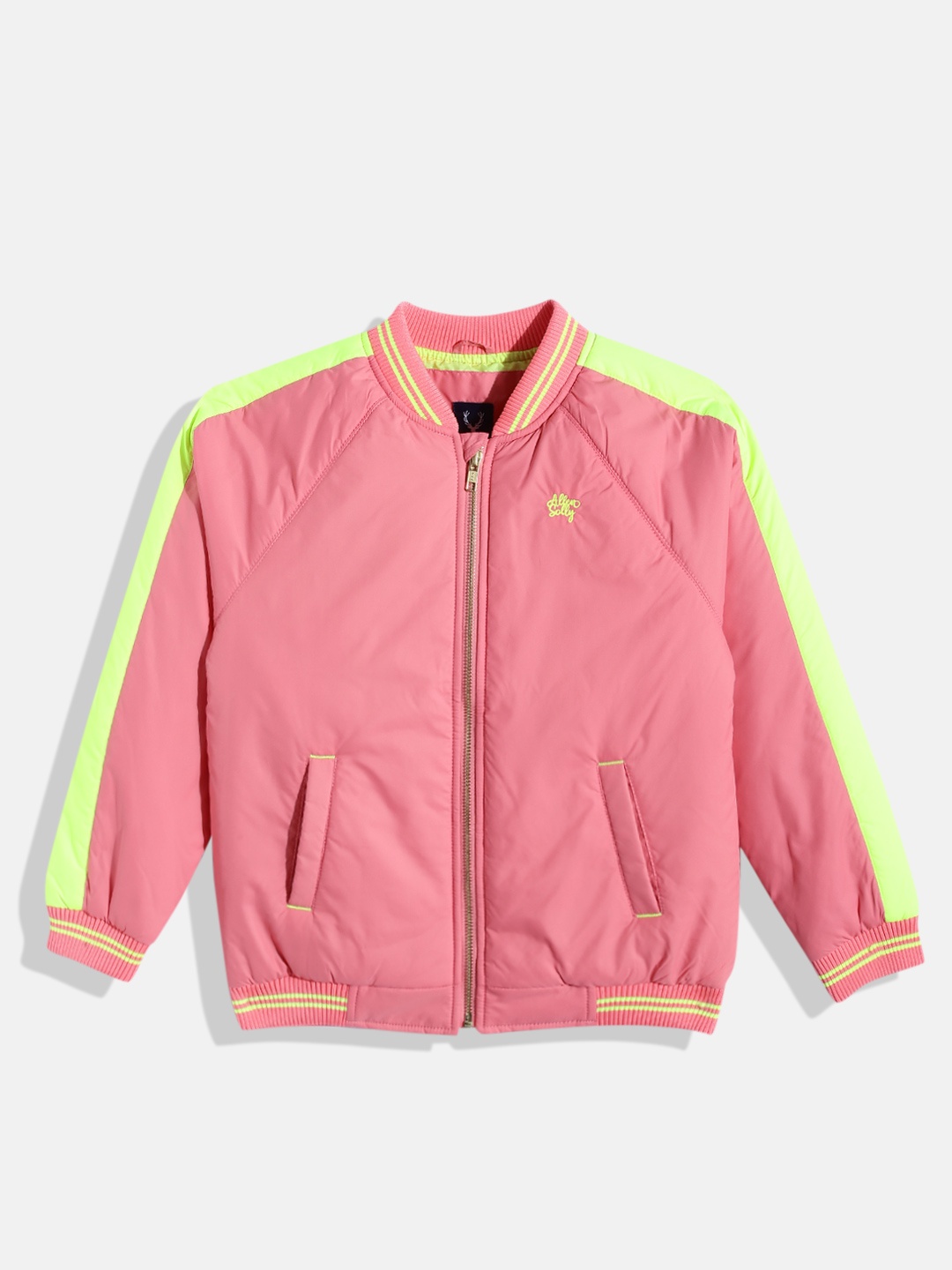 

Allen Solly Junior Girls Pink Fluorescent Green Solid Stand Collar Bomber Jacket