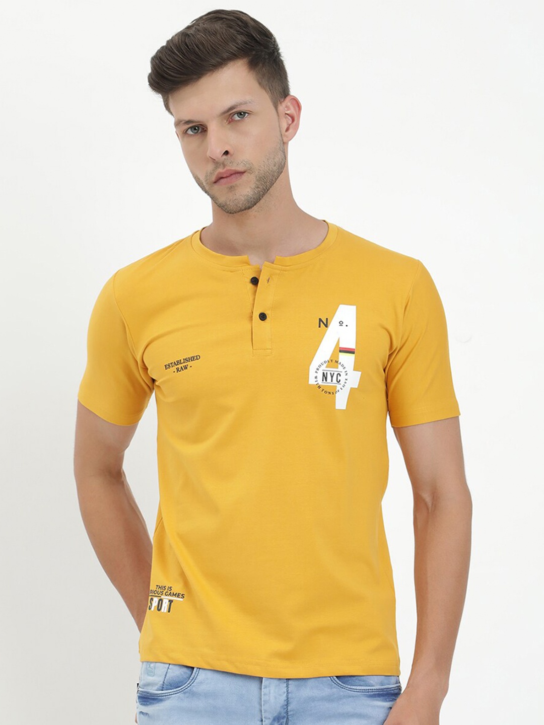 

V2 Value & Variety Men Mustard Yellow Henley Neck T-shirt