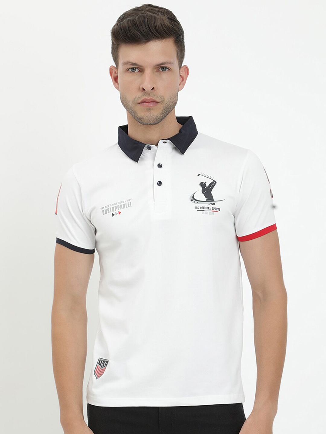 

V2 Value & Variety Men White Polo Collar Applique T-shirt