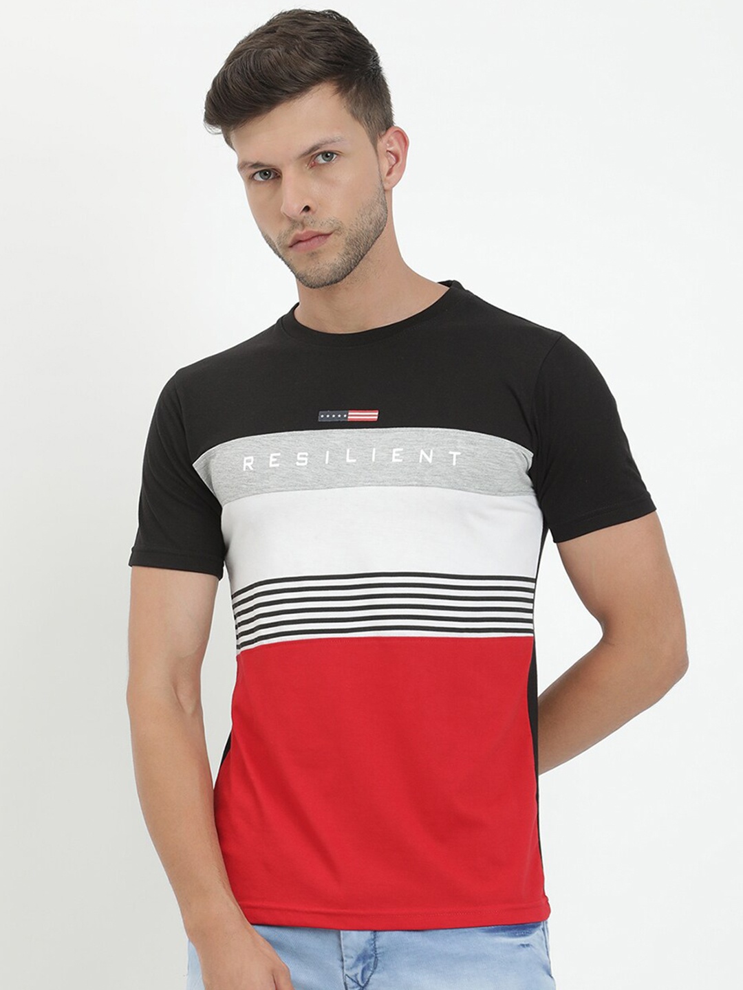

V2 Value & Variety Men Black Colourblocked Applique T-shirt