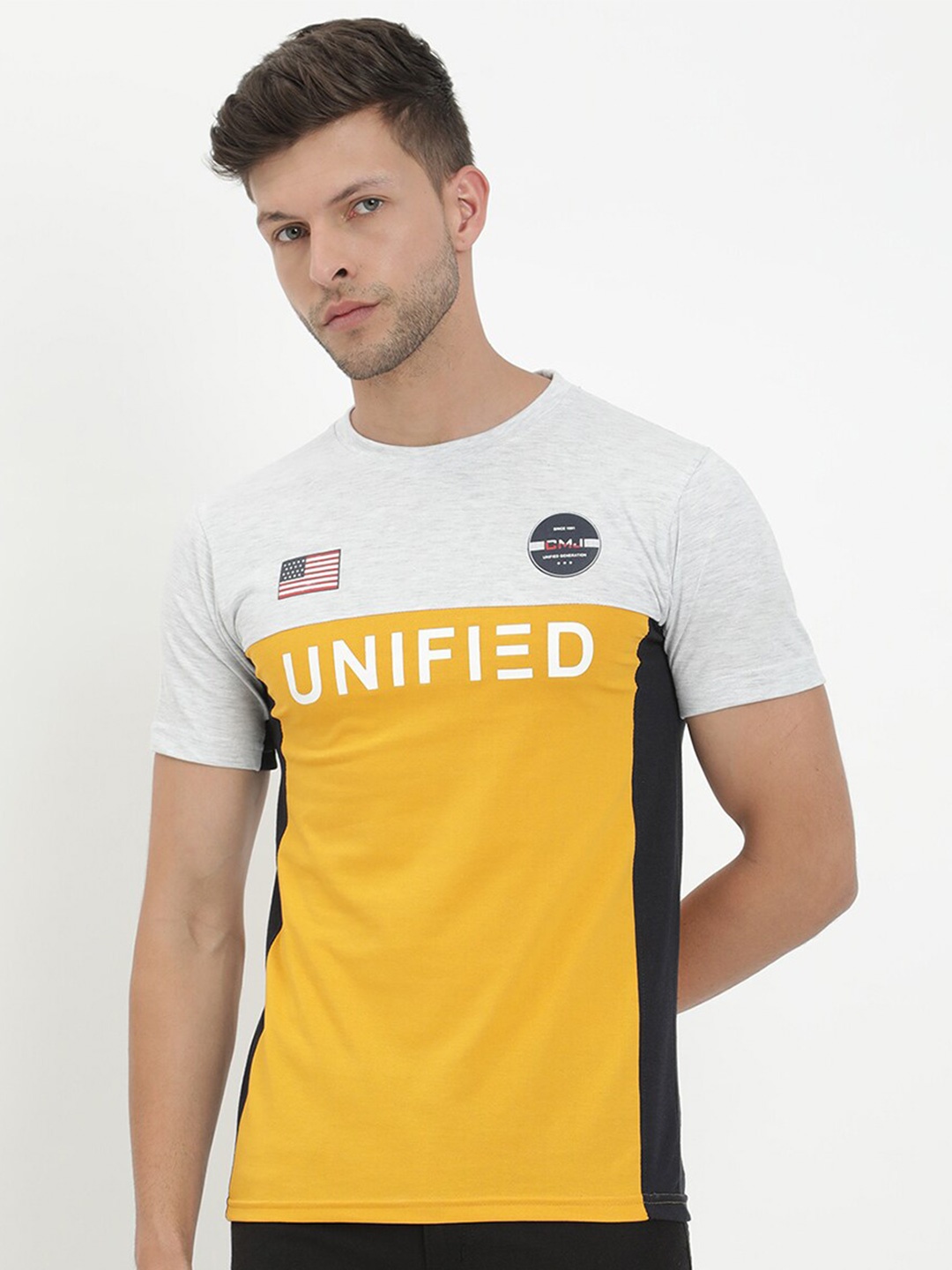 

V2 Value & Variety Men White & orange yellow Colourblocked Applique T-shirt