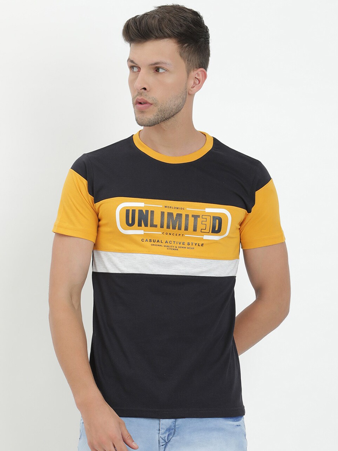

V2 Value & Variety Men Navy Blue Typography Printed Applique T-shirt