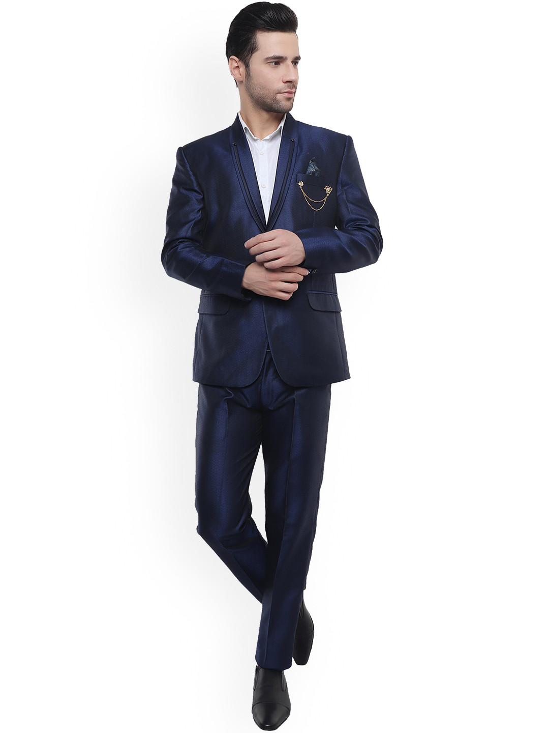 

DKGF FASHION Men Navy Blue Self-Design Regular-Fit Suits