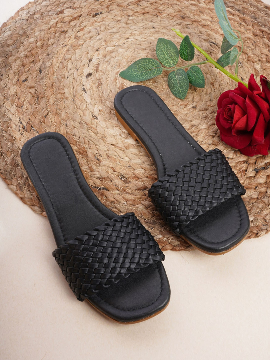 

SAPATOS Women Black Open Toe Flats with Bows