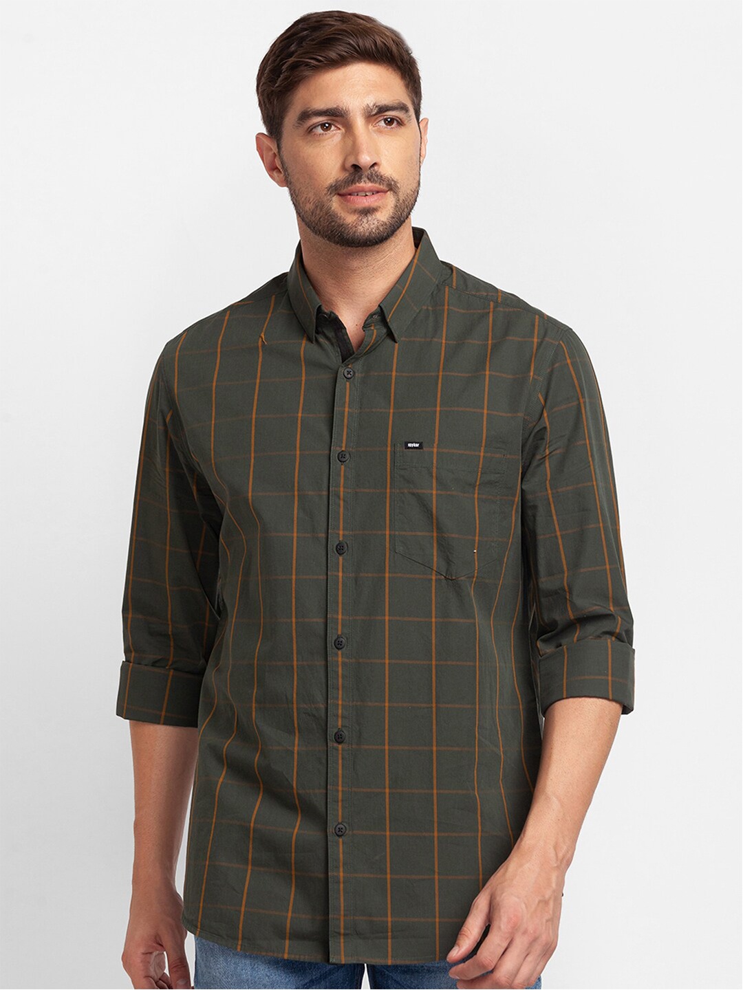 

SPYKAR Men Green Slim Fit Windowpane Checks Checked Casual Shirt