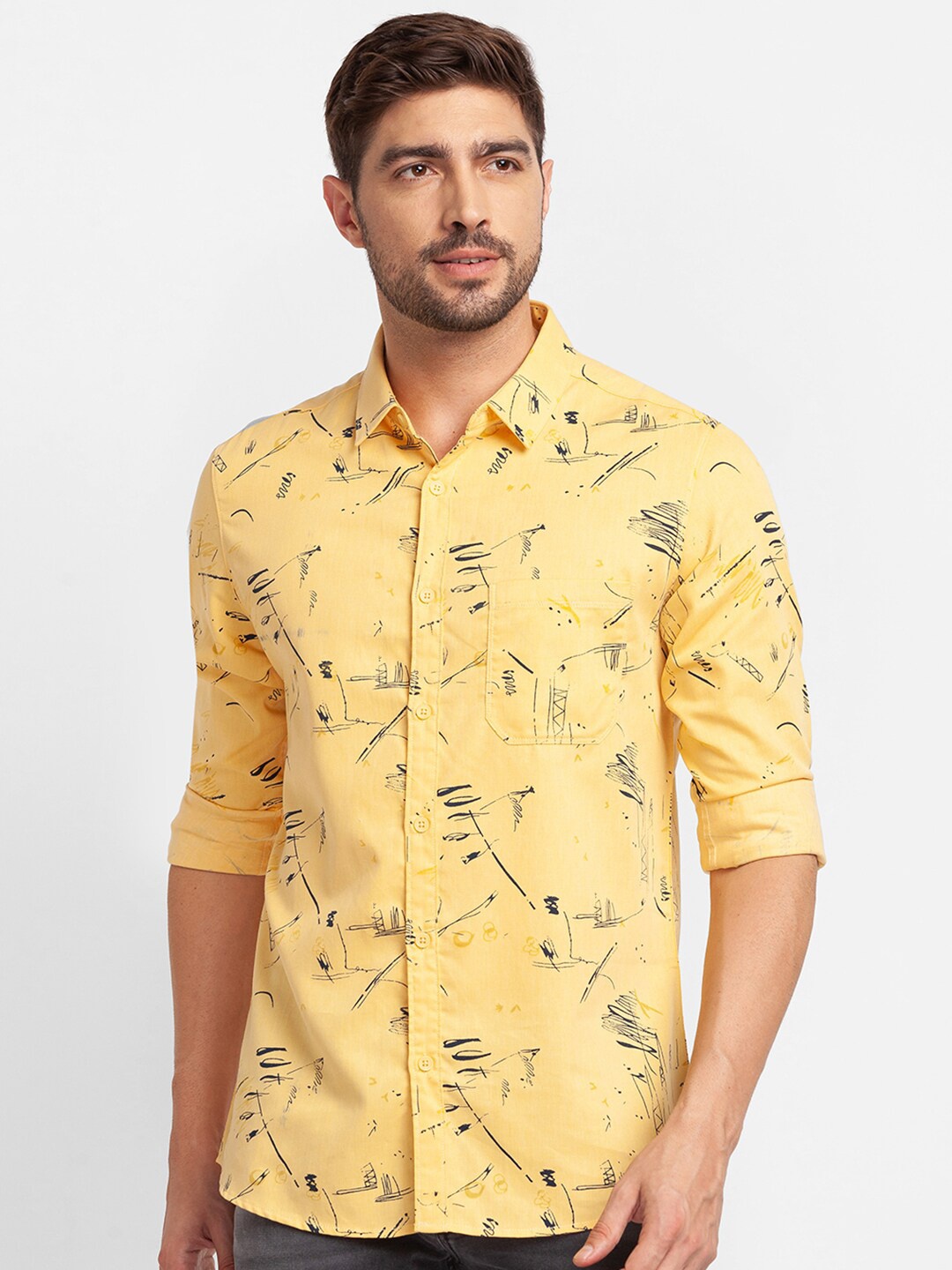 

SPYKAR Men Yellow Slim Fit Printed Casual Shirt