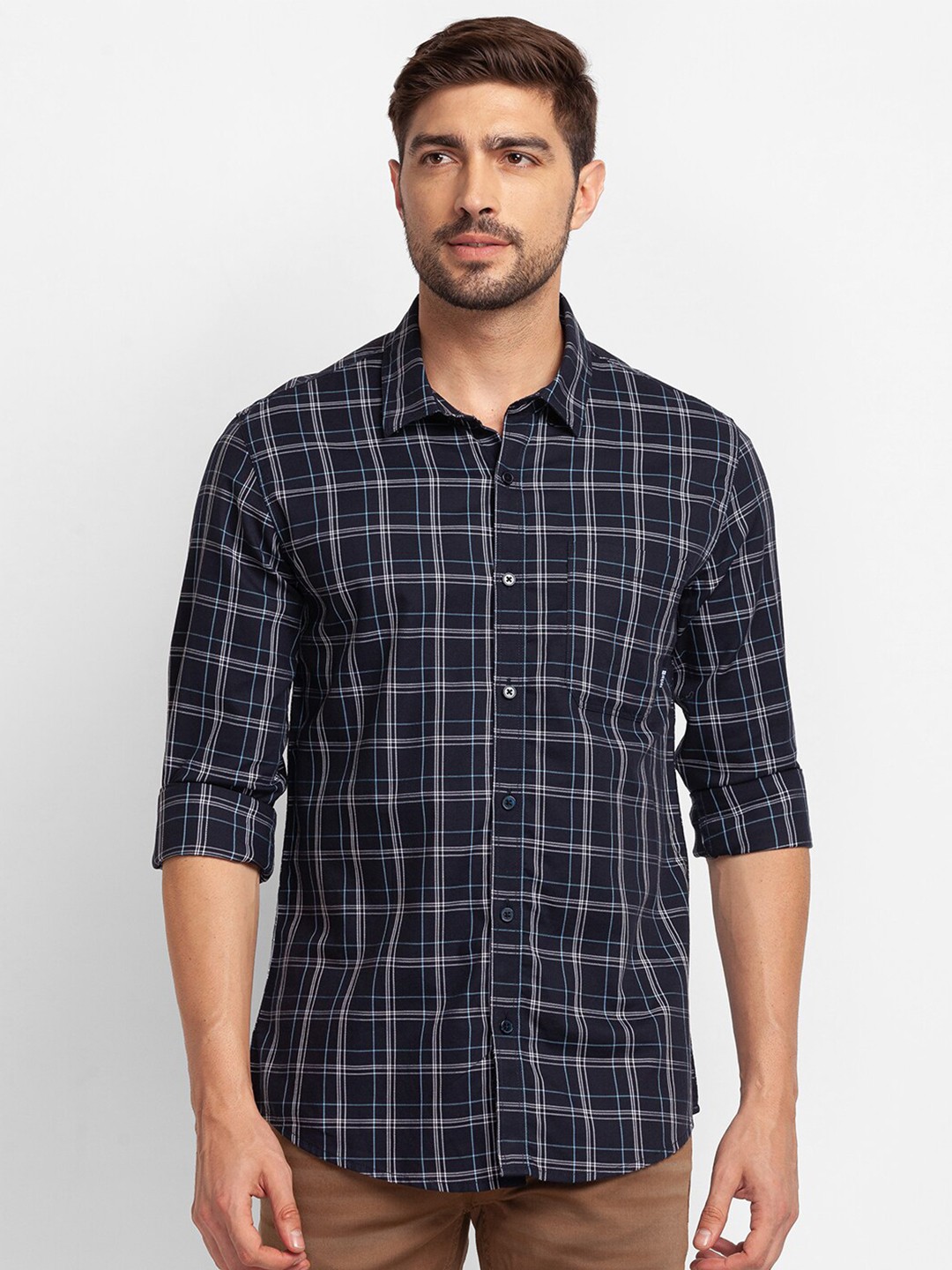 

SPYKAR Men Blue Checked Casual Shirt