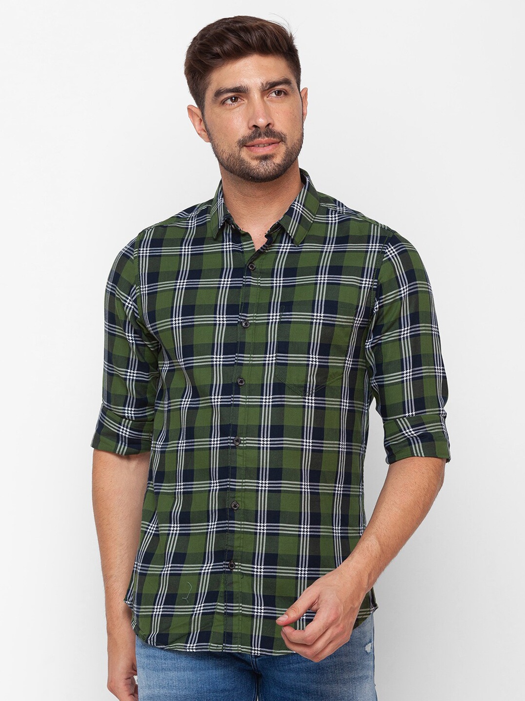 

SPYKAR Men Green Slim Fit Tartan Checks Checked Casual Shirt