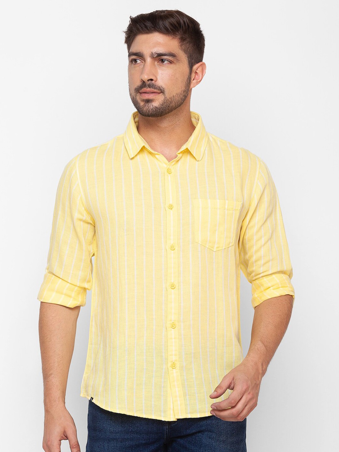 

SPYKAR Men Yellow Striped Casual Shirt