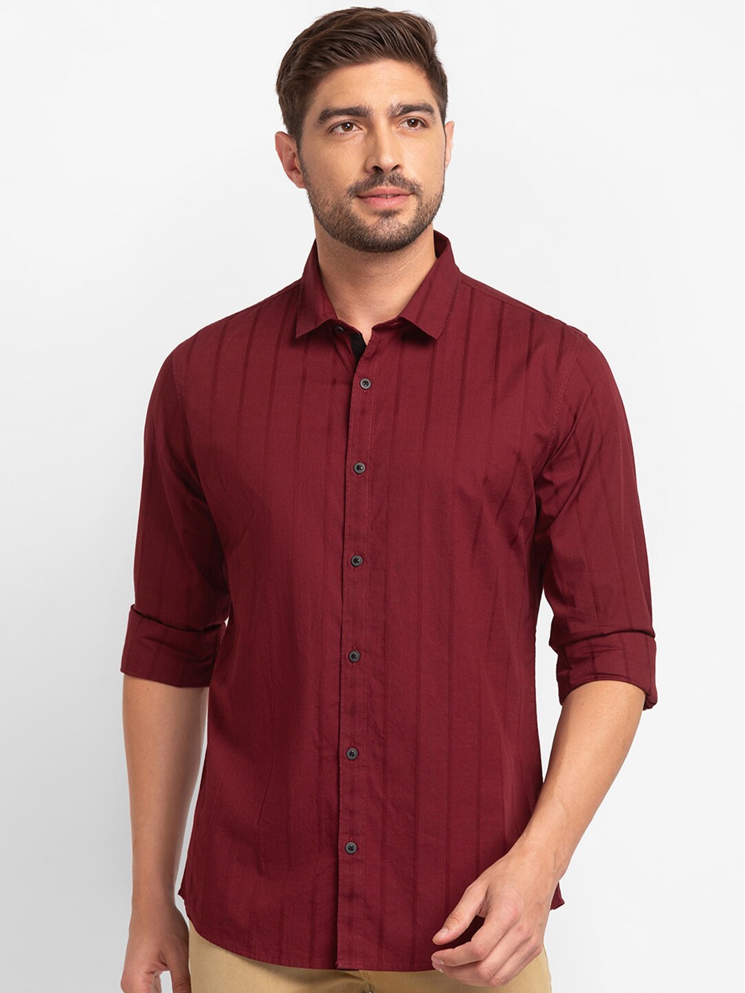 

SPYKAR Men Maroon Striped Casual Shirt