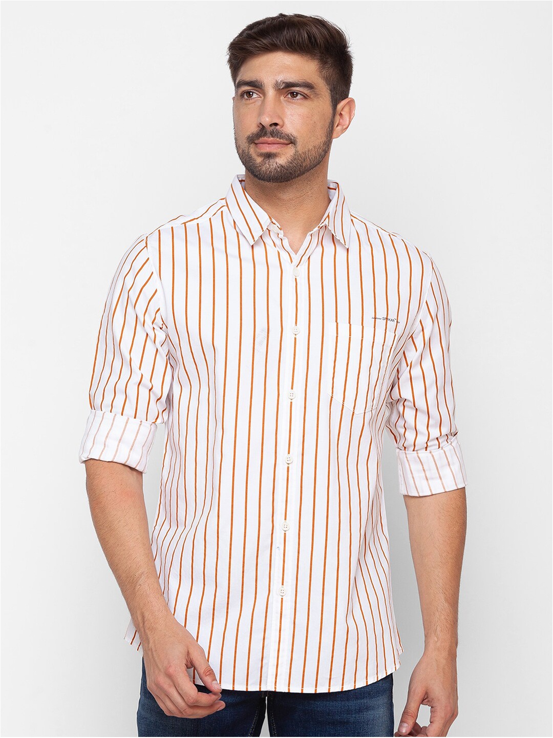 

SPYKAR Men Orange Slim Fit Striped Casual Shirt