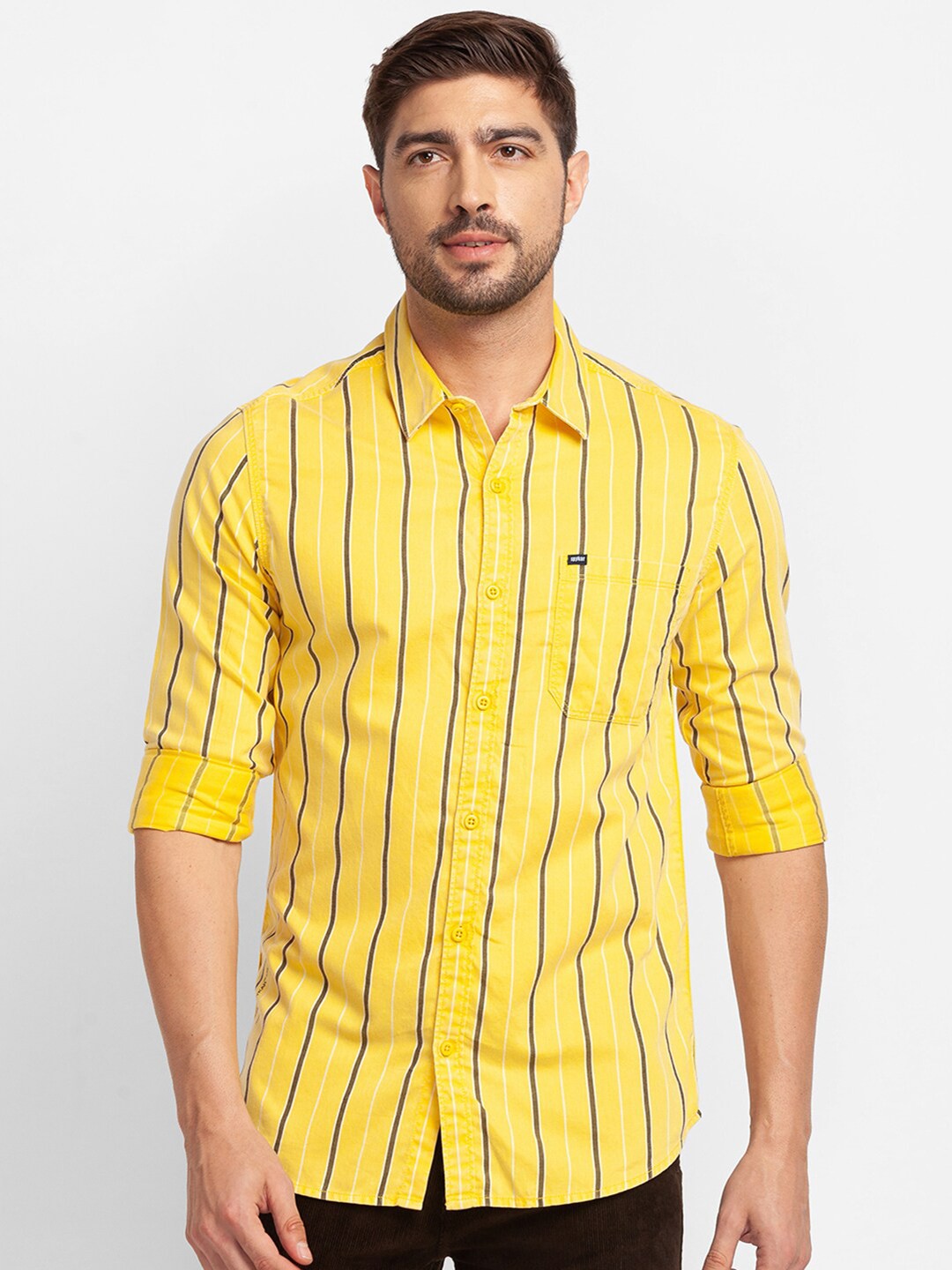 

SPYKAR Men Yellow Slim Fit Striped Casual Shirt