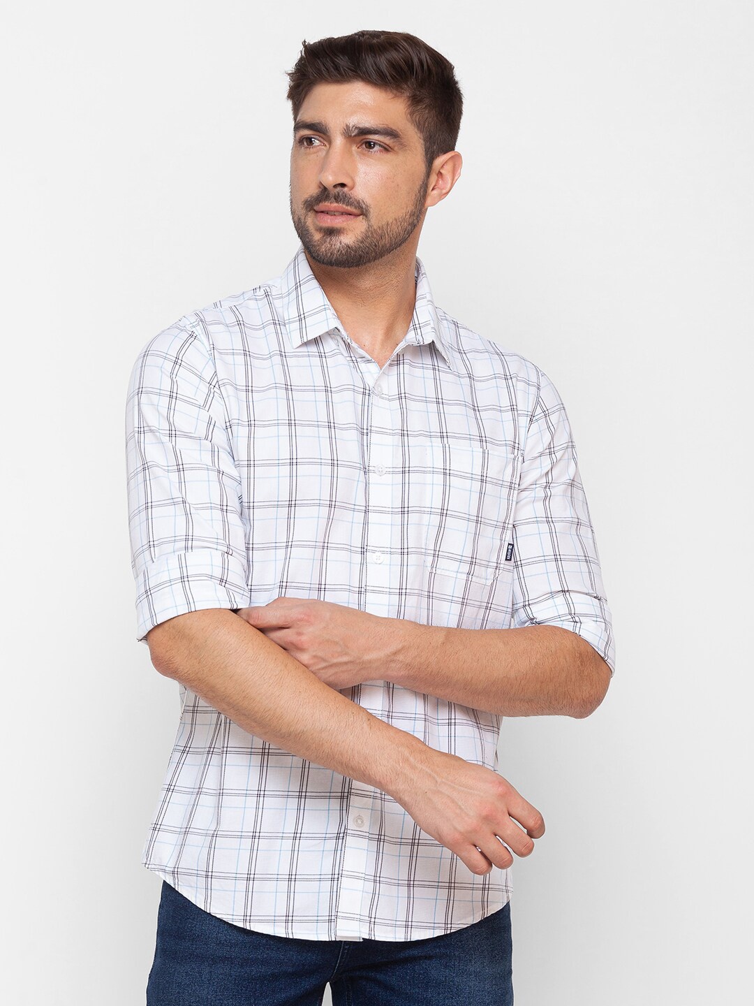 

SPYKAR Men White Windowpane Checks Checked Casual Shirt