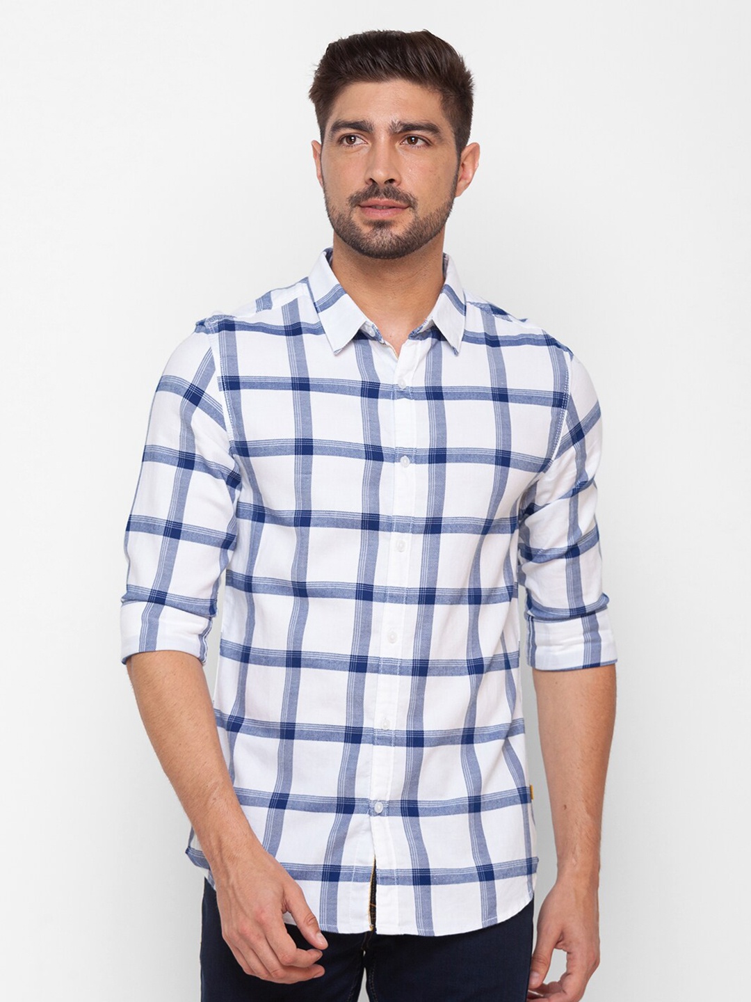 

SPYKAR Men White Slim Fit Windowpane Checks Checked Casual Shirt