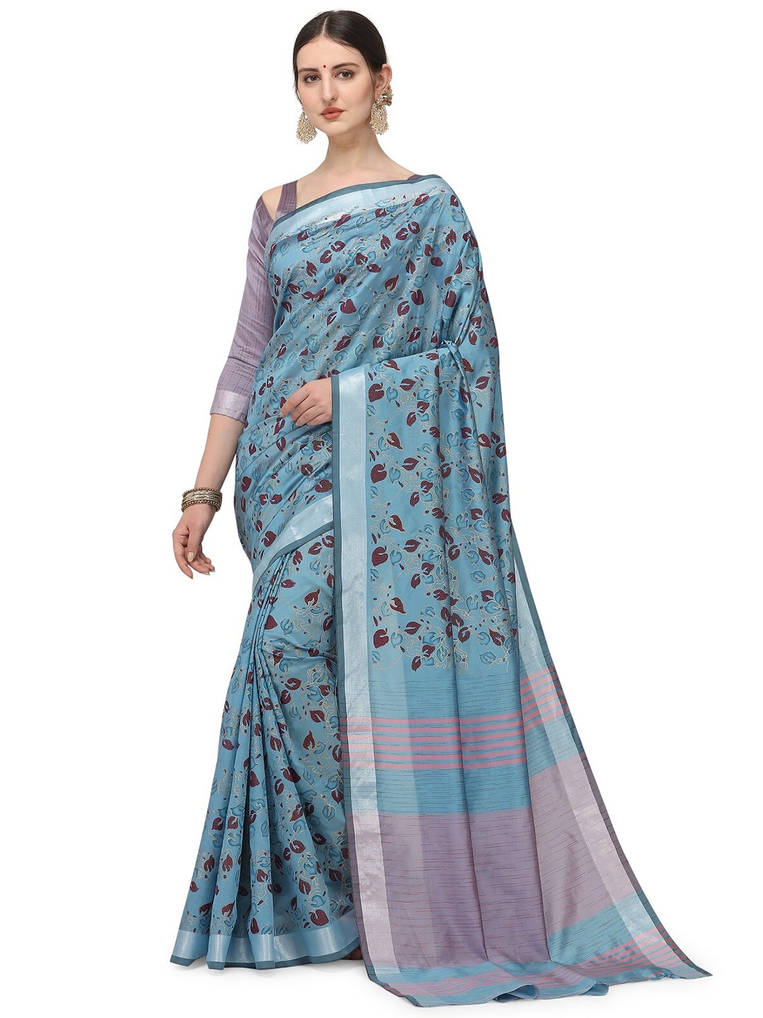 

KALINI Turquoise Blue & Brown Floral Silk Cotton Jamdani Saree