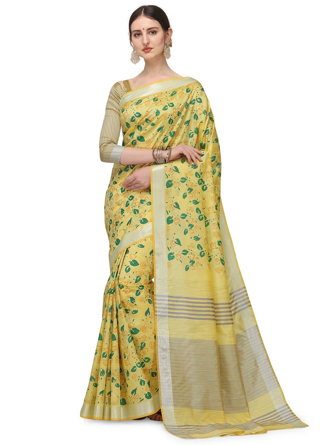 

KALINI Yellow & Gold-Toned Floral Silk Cotton Jamdani Saree