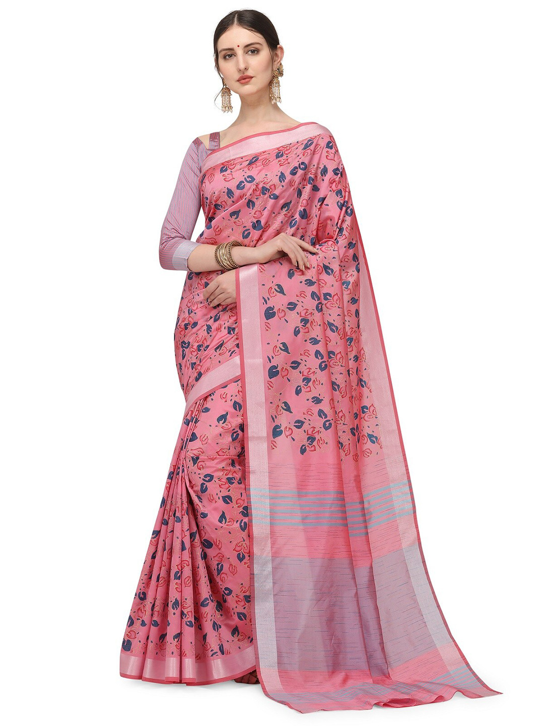 

KALINI Pink & Blue Floral Silk Cotton Jamdani Saree