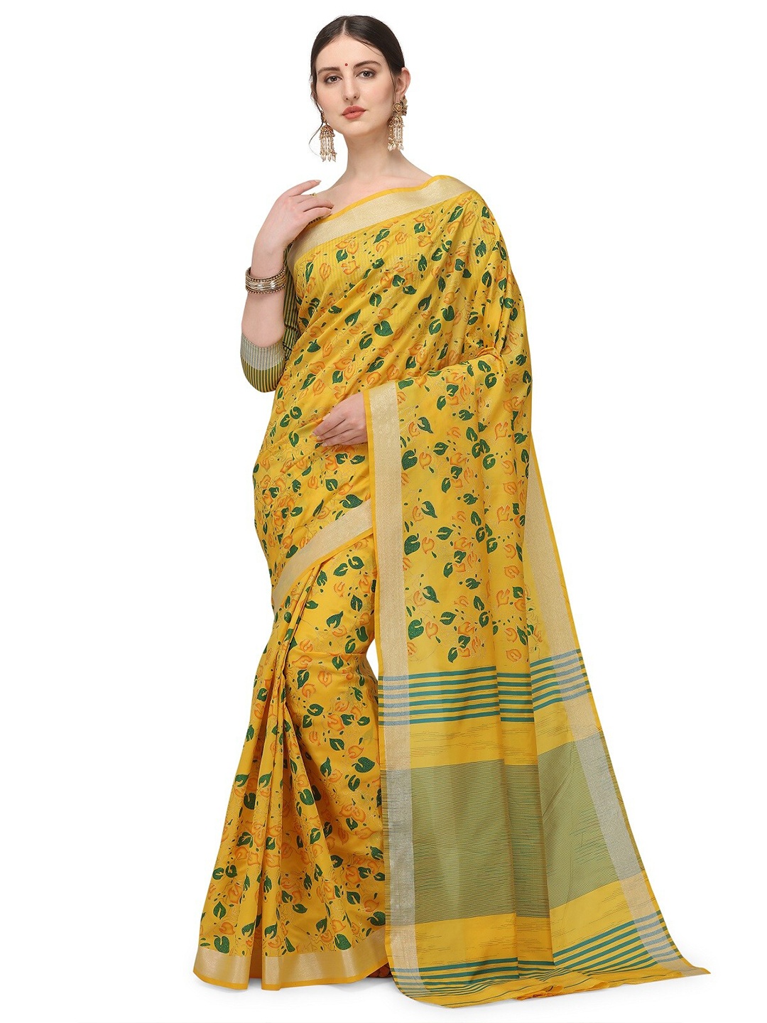 

KALINI Yellow & Green Floral Silk Cotton Jamdani Saree