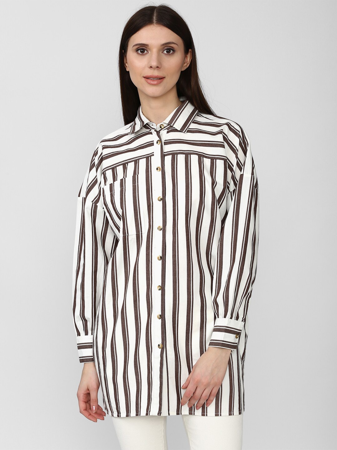 

FOREVER 21 Women White Striped Casual Shirt