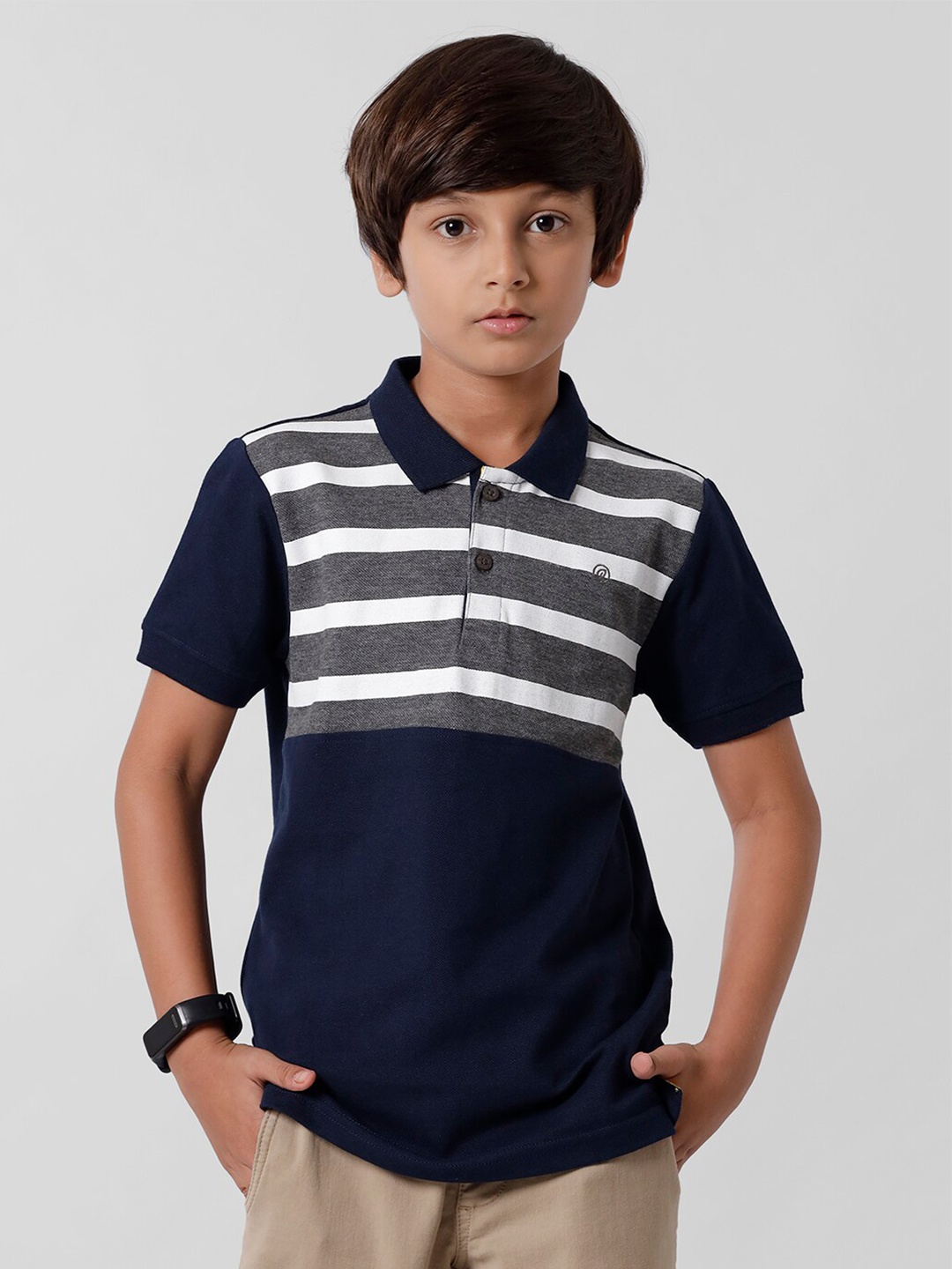 

PIPIN Boys Navy Blue Striped Polo Collar T-shirt